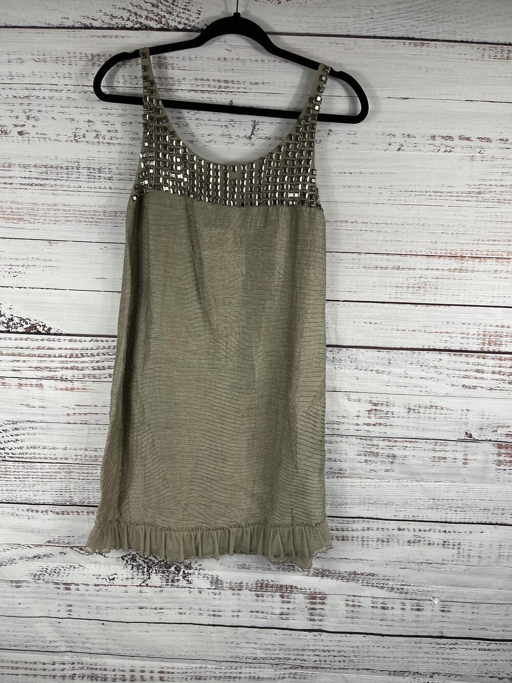 Alice + Olivia Dress Women's Size M Taupe Linen Blend Studded Shift Ruffle Hem